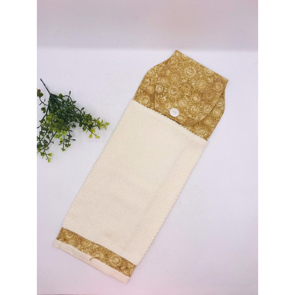 Hanging Kitchen Towel: Neutral Tan Floral Topper, Button Closure